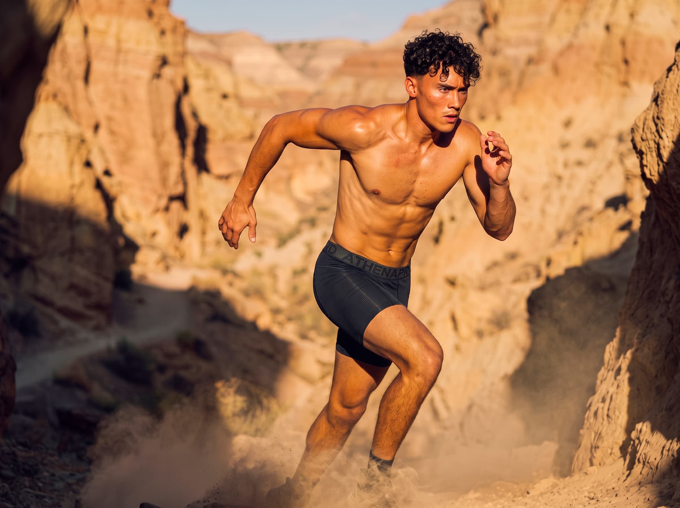 Athlète en plein effort dans un canyon, en Athena Pro